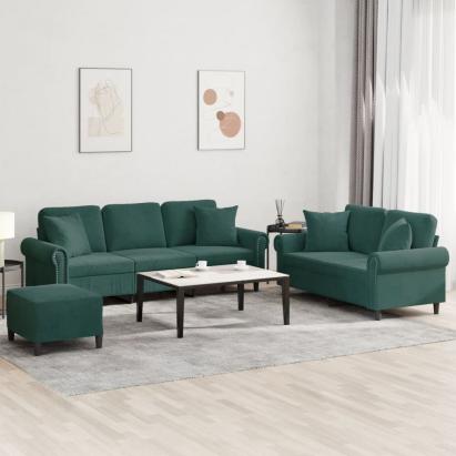 Set canapea cu perne, 3 piese, verde închis, catifea GartenMobel Dekor