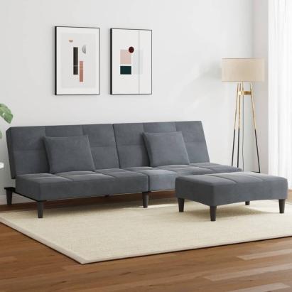 Canapea extensibilă cu taburet, 2 locuri, gri închis, catifea GartenMobel Dekor