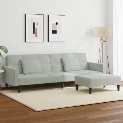 Canapea extensibilă cu taburet, 2 locuri, gri deschis, catifea GartenMobel Dekor
