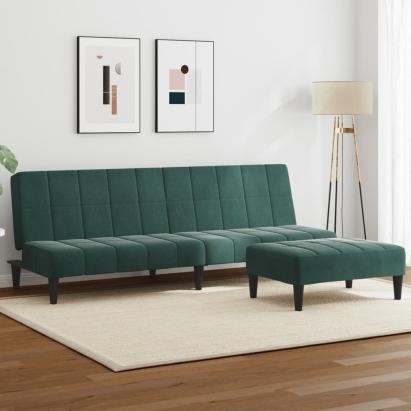 Canapea extensibilă cu taburet, 2 locuri, verde închis, catifea GartenMobel Dekor