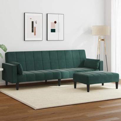 Canapea extensibilă cu taburet, 2 locuri, verde închis, catifea GartenMobel Dekor
