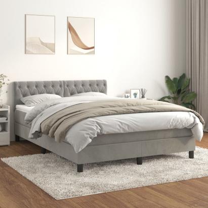 Pat box spring cu saltea, gri deschis, 140x190 cm, catifea GartenMobel Dekor