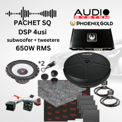 Pachet SQ - difuzoare  fata + spate MX EVO  cu amplificator cu DSP ZDA4.6, subwoofer roata rezerva,  inele si cablaje plug&play pe masina CarStore Technology
