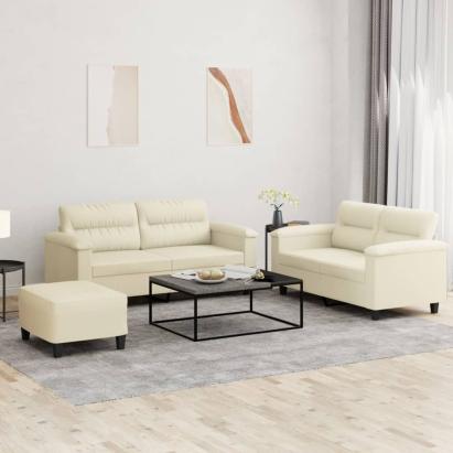 Set de canapele cu perne, 3 piese, crem, piele ecologică GartenMobel Dekor