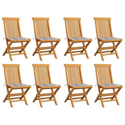 Scaune de grădină, perne gri carouri, 8 buc., lemn masiv tec GartenMobel Dekor