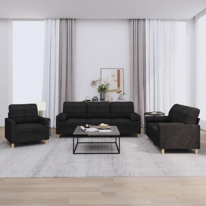 Set de canapele cu perne, 3 piese, negru, textil GartenMobel Dekor