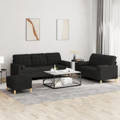 Set de canapele cu perne, 3 piese, negru, textil GartenMobel Dekor