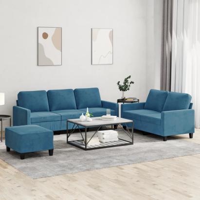 Set de canapele cu perne, 3 piese, albastru, catifea GartenMobel Dekor