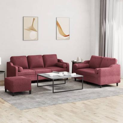 Set canapea cu perne, 3 piese, roșu vin, material textil GartenMobel Dekor