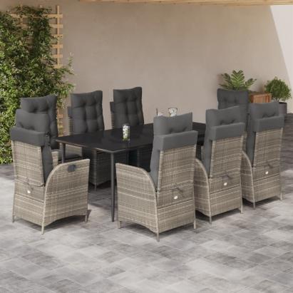 Set mobilier grădină cu perne, 9 piese, gri deschis, poliratan GartenMobel Dekor