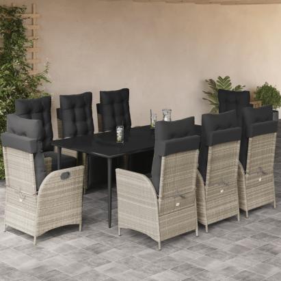 Set mobilier grădină cu perne, 9 piese, gri deschis, poliratan GartenMobel Dekor