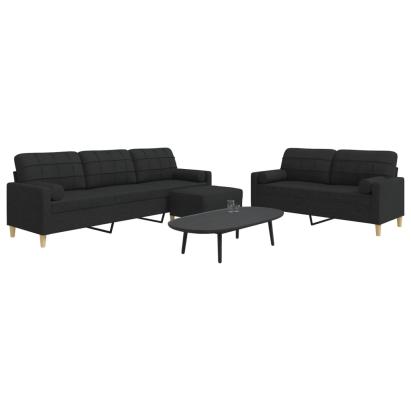 Set canapele cu taburet și perne, 3 piese, negru, textil GartenMobel Dekor