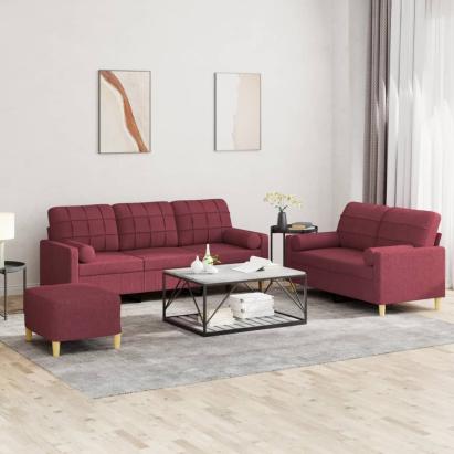 Set canapea cu perne, 3 piese, roșu vin, material textil GartenMobel Dekor