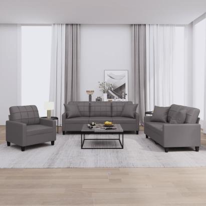 Set de canapele cu perne, 3 piese, gri, piele ecologică GartenMobel Dekor