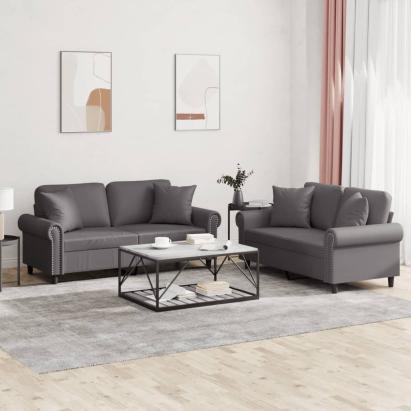 Set de canapele cu perne, 2 piese, gri, piele ecologică GartenMobel Dekor