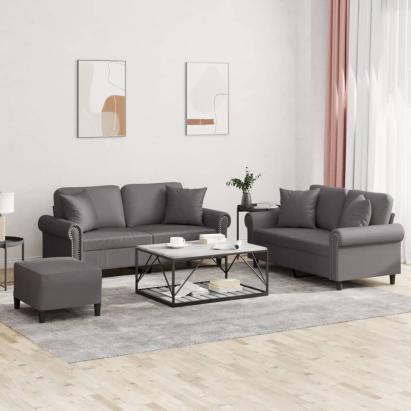 Set de canapele cu perne, 3 piese, gri, piele ecologică GartenMobel Dekor