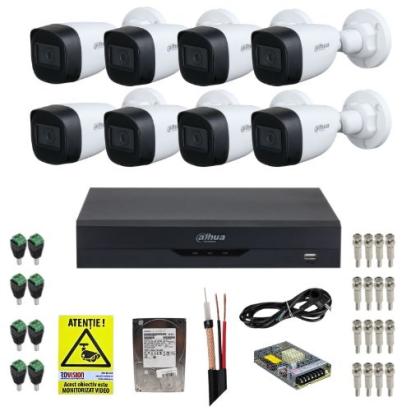 Kit supraveghere complet Dahua 8 camere Starlight 5MP IR 30m Lentila 2.8mm, DVR 8 canale 5MP WizSense, HDD 1TB, Accesorii montaj + Autocolant Rovsion SafetyGuard Surveillance