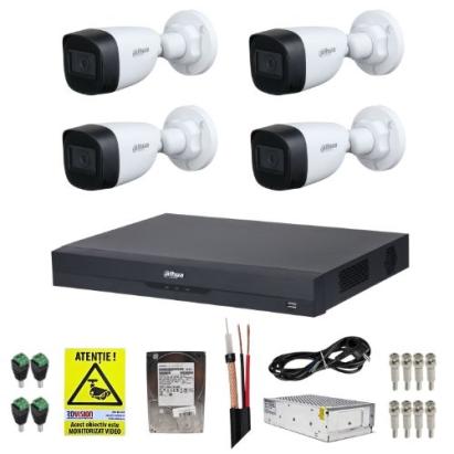 Kit supraveghere complet Dahua 4 camere Starlight 5MP IR 30m Lentila 2.8mm, DVR 4 canale 4K-N/5MP WizSense, HDD 1TB, Accesorii montaj + Autocolant Rovsion SafetyGuard Surveillance