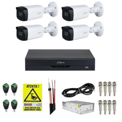 Kit Supraveghere 4 Camere Dahua 5MP IR 80m Starlight Lentila 3.6mm, DVR 4 Canale 4K 8MP WizSense, Accesorii + Autocolant Rovision SafetyGuard Surveillance
