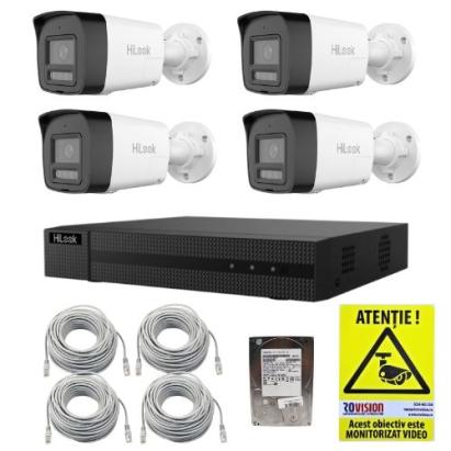 Kit supraveghere IP HiLook 4 camere 4MP PoE Dual Light 30m Microfon Difuzor, NVR 4 canale PoE 4K 8MP, Cabluri, HDD 1TB, Autocolant Rovision SafetyGuard Surveillance