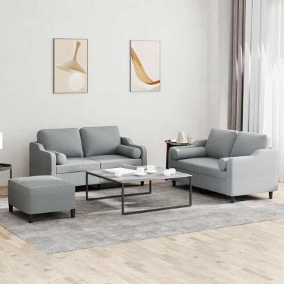 Set de canapele cu perne, 3 piese, gri deschis, textil GartenMobel Dekor