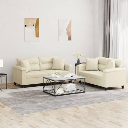 Set de canapele cu perne, 2 piese, crem, piele ecologică GartenMobel Dekor
