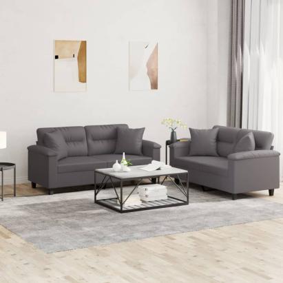 Set de canapele cu perne, 2 piese, gri, piele ecologică GartenMobel Dekor