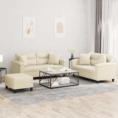 Set de canapele cu perne, 3 piese, crem, piele ecologică GartenMobel Dekor