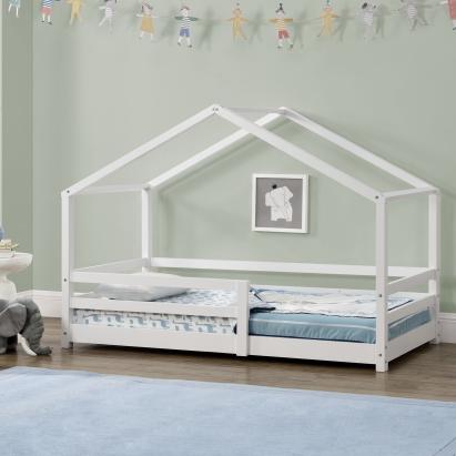 Pat Copii Selena tip Casuta Montessori cu Protectie Impotriva Caderilor, Dimensiuni 200x90cm, Lemn de Brad, Alb