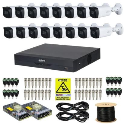 Kit supraveghere complet Dahua 16 camere 5MP IR 80m Starlight Lentila 3.6mm, DVR 16 canale 4K 8MP WizSense, accesorii + Autocolant Rovision SafetyGuard Surveillance