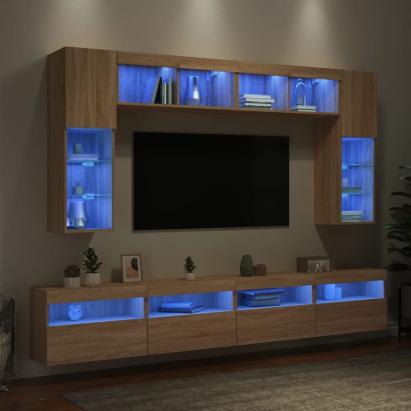 Comode TV de perete cu lumini LED, 8 piese, stejar sonoma GartenMobel Dekor