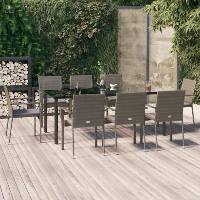 Set mobilier de grădină cu perne, 9 piese, negru/gri, poliratan GartenMobel Dekor