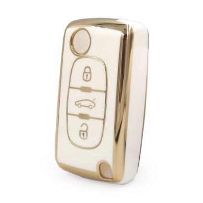 Husa Cheie Briceag Peugeot 407, CITROEN C4,C5 , 3 Butoane, Tpu, Alb cu contur auriu AutoProtect KeyCars