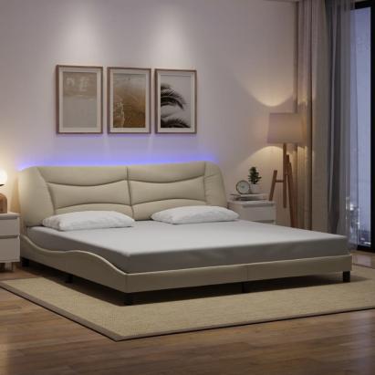 Cadru de pat cu lumini LED, crem, 200x200 cm, textil GartenMobel Dekor