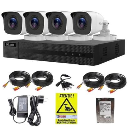 Sistem supraveghere HiLook 4 camere exterior Full HD 2MP infrarosu 20m IP66, DVR 4 canale 2MP, accesorii, HDD 500GB + Autocolant Rovision SafetyGuard Surveillance