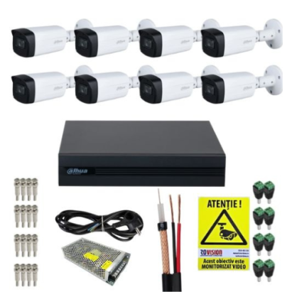 Kit supraveghere Dahua 8 camere 2MP IR 40m Lentila 2.8mm IP67, DVR 8 canale 1080N/720p, Accesorii montaj + Autocolant Rovision SafetyGuard Surveillance