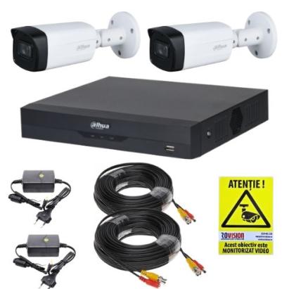 Kit supraveghere Dahua 2 camere 2MP IR 40m Lentila 2.8mm IP67, DVR 4 canale 5MP WizSense, accesorii montaj + Autocolant Rovision SafetyGuard Surveillance