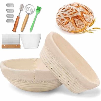 Set de 2 coșuri rotang pentru dospit pâine – coș rotund de 22,9 cm și coș oval de 25,4 cm cu căptușeală din in, racletă pentru aluat, lamă de tăiat și pensulă de silicon pentru copt Handy KitchenServ
