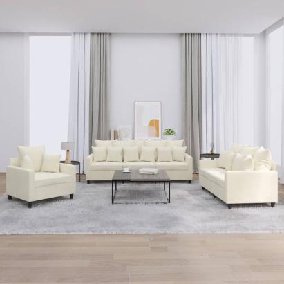 Set de canapele cu perne, 3 piese, crem, catifea GartenMobel Dekor