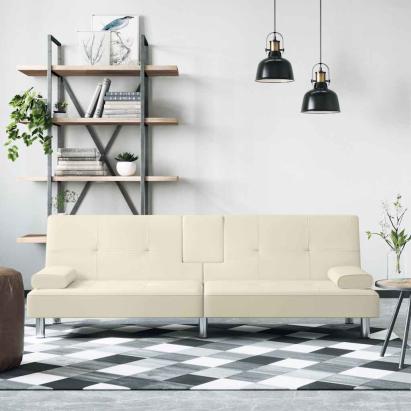 Canapea extensibilă cu suporturi pahare, crem, piele ecologică GartenMobel Dekor