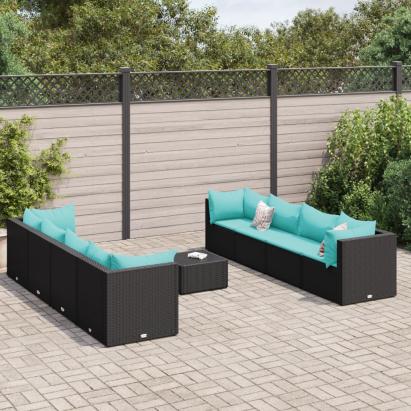 Set mobilier de grădină cu perne, 9 piese, negru, poliratan GartenMobel Dekor