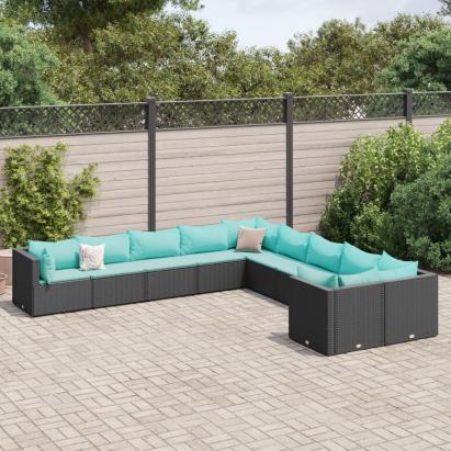 Set canapele de grădină cu perne, 10 piese, negru, poliratan GartenMobel Dekor