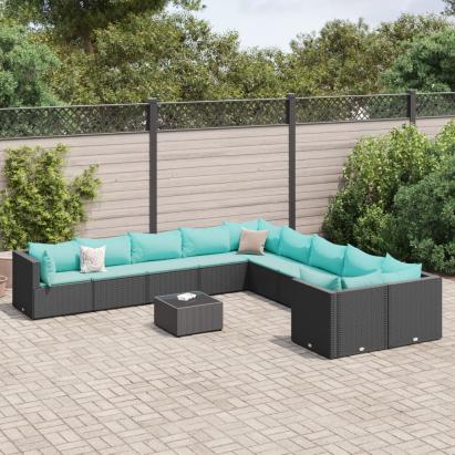 Set canapele de grădină cu perne, 11 piese, negru, poliratan GartenMobel Dekor