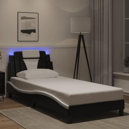 Cadru de pat cu lumini LED negru/alb 90x200 cm piele ecologică GartenMobel Dekor