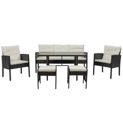Set mobilier gradina/terasa, negru si bej, ratan sintetic, 1 masa, 2 scaune, 1 canapea, 2 tabureti, Vaduz GartenVIP DiyLine