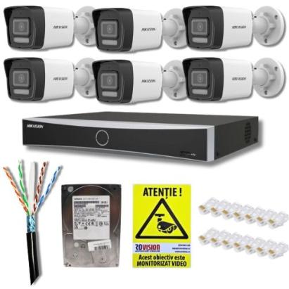 Sistem supraveghere IP Hikvision 6 camere 4MP Dual Light 30m Microfon PoE, NVR 8 canale 8MP 4K, Accesorii montaj, HDD 2TB, Autocolant Rovision SafetyGuard Surveillance