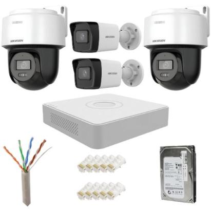 Sistem supraveghere IP complet Hikvision 2 camere fixe + 2 camere rotative 4MP IR/lumina alba Speaker, NVR 8 canale PoE, HDD 500GB SafetyGuard Surveillance