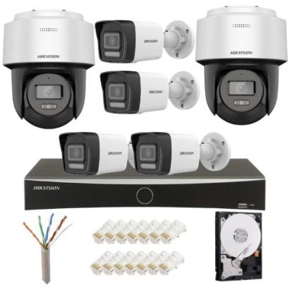 Sistem supraveghere IP complet Hikvision 4 camere fixe + 2 camere rotative 4MP IR/lumina alba Speaker, NVR 8 canale PoE, HDD 2TB SafetyGuard Surveillance