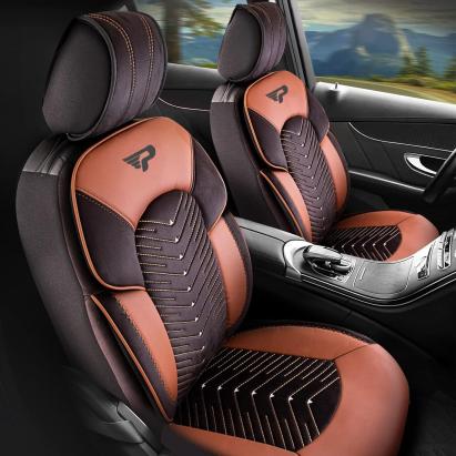 Set Huse Scaune Auto Panda Dubai, material textil cu piele ecologica, cu fermoare pentru bancheta rabatabila, negru maro, 11 piese Automobile ProTravel