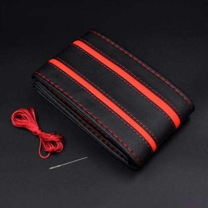 Husa volan din PIELE NATURALA CU DOUA DUNGI ROSII, pentru autoturisme, diametru 37 - 39 cm, cu ac si ata (se coase, aspect ORIGINAL) FAVLine Selection
